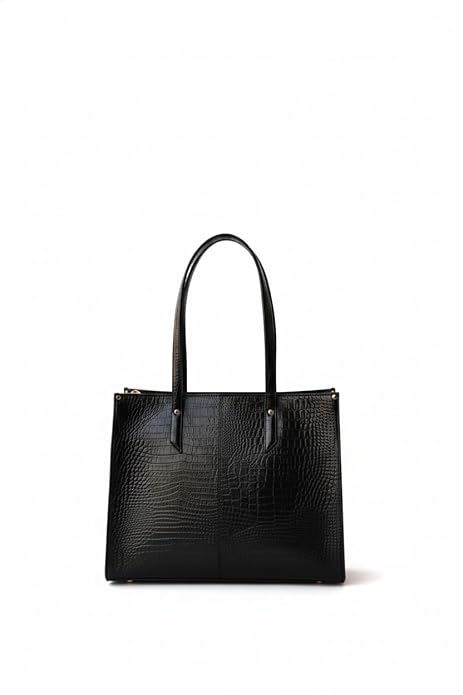 Bespoke Leather Women's Office Tote Bag – Original Pure Leather Croc Embossed Laptop Handbag with Zipper – Black