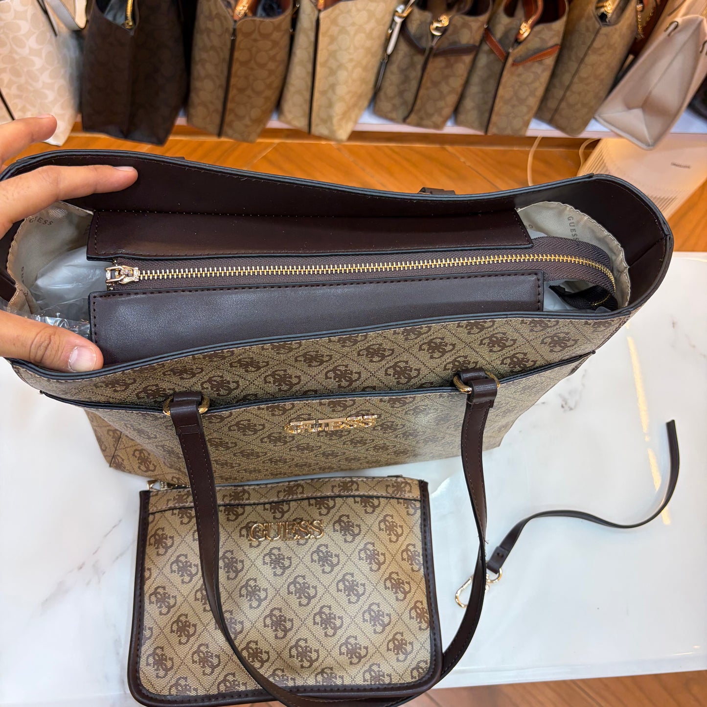 GUS Monogram Tote Bag - Beige & Coffee