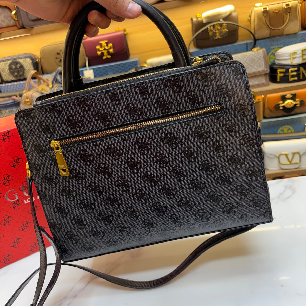 Guess Ginevra Elite Satchel - Black Monogram Print
