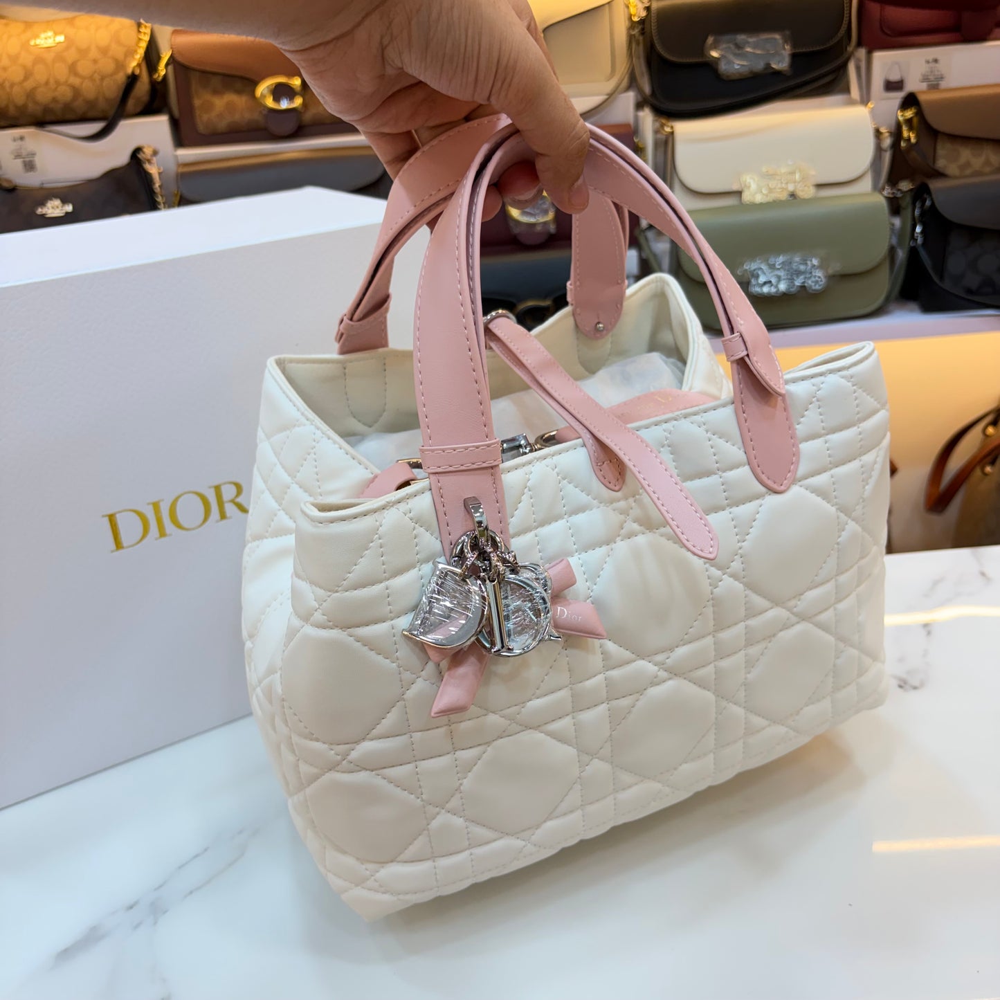 CD Toujours Vertical Tote Bag - White & Pink