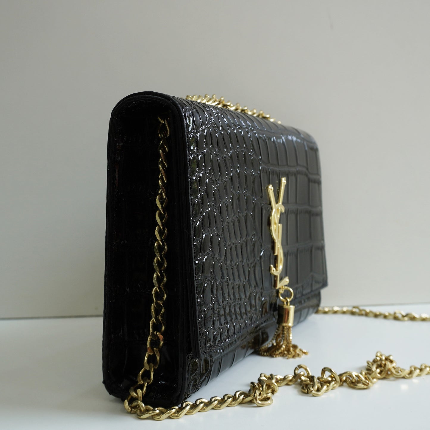 YS02 Glossy Black Croc-Embossed Chain Bag - Black