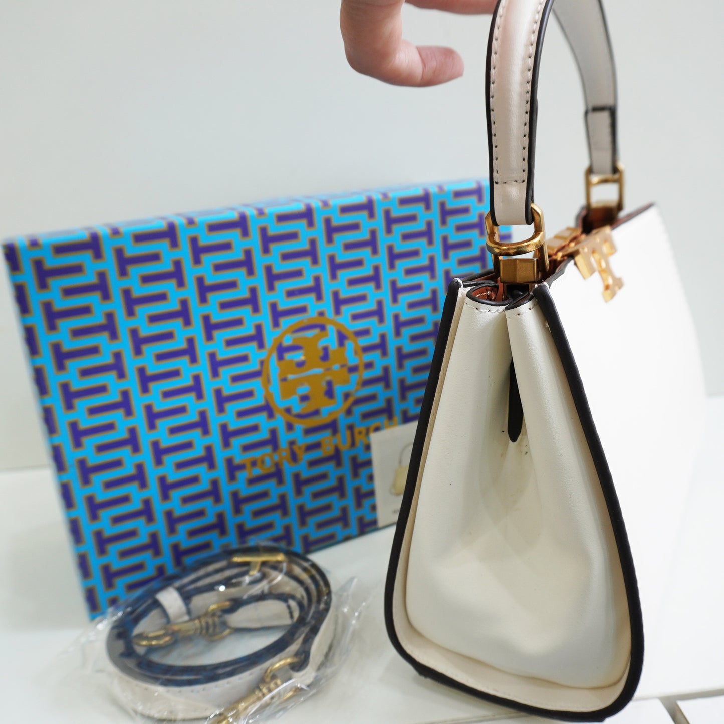 TB44 - Structured White Mini Top-Handle Bag with Gold Hardware (Medium)