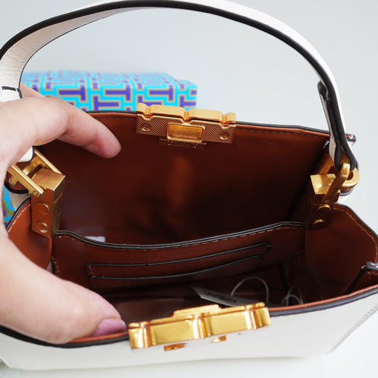 TB44 - Structured White Mini Top-Handle Bag with Gold Hardware (Medium)
