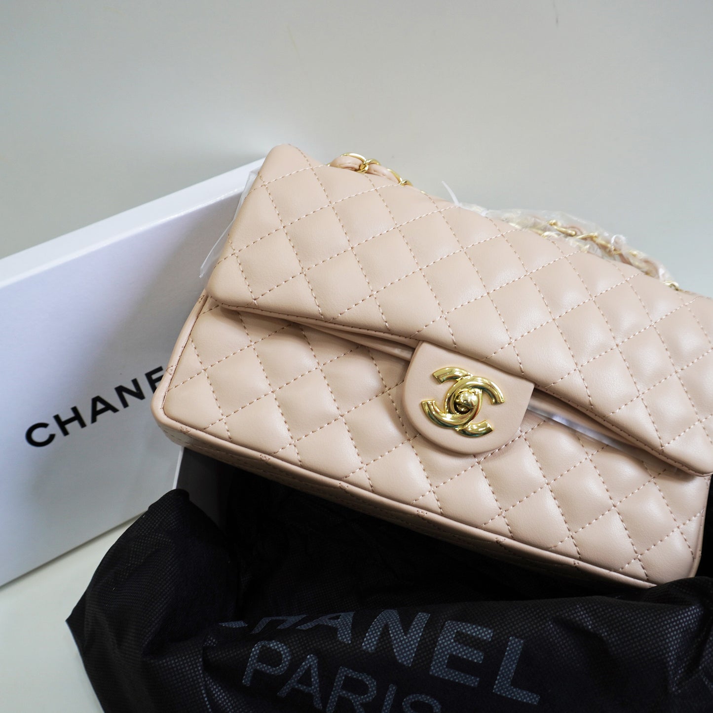 CHNL1 - Elegant Quilted Flap Bag – Beige with Gold-Tone Chain