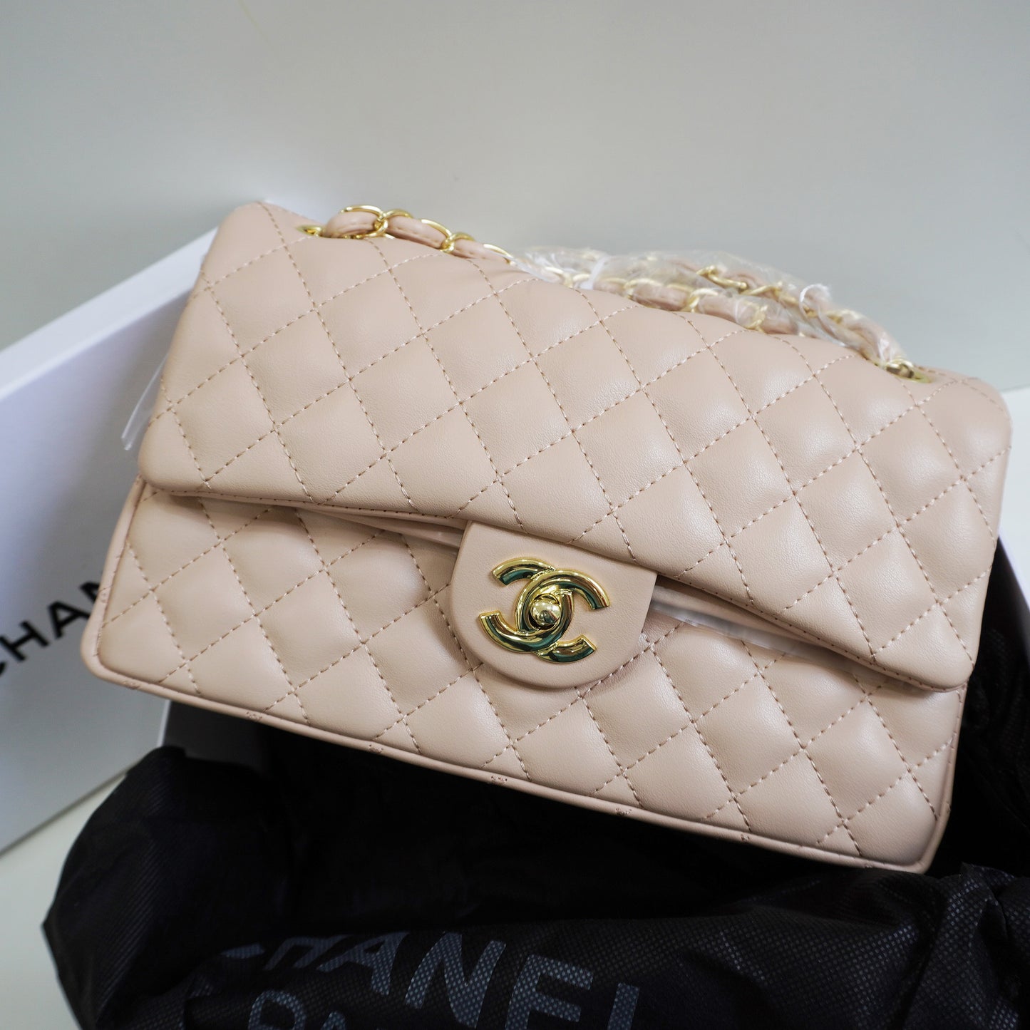 CHNL1 - Elegant Quilted Flap Bag – Beige with Gold-Tone Chain