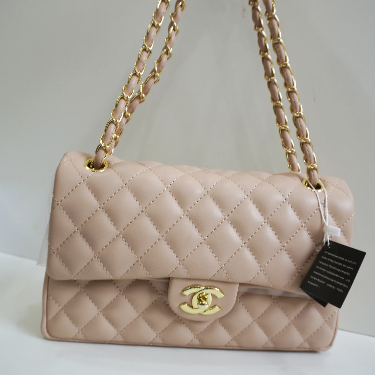 CHNL1 - Elegant Quilted Flap Bag – Beige with Gold-Tone Chain