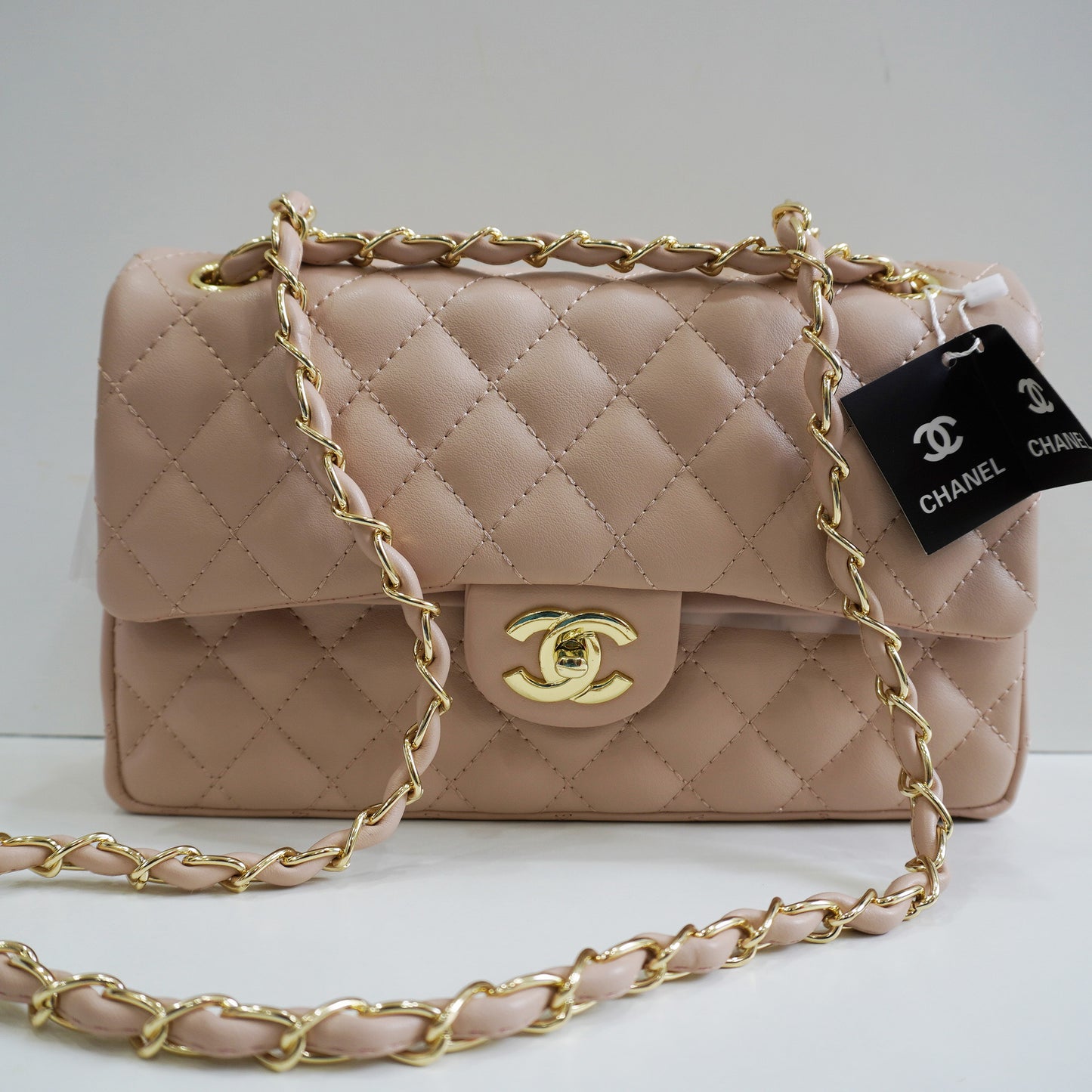 CHNL1 - Elegant Quilted Flap Bag – Beige with Gold-Tone Chain
