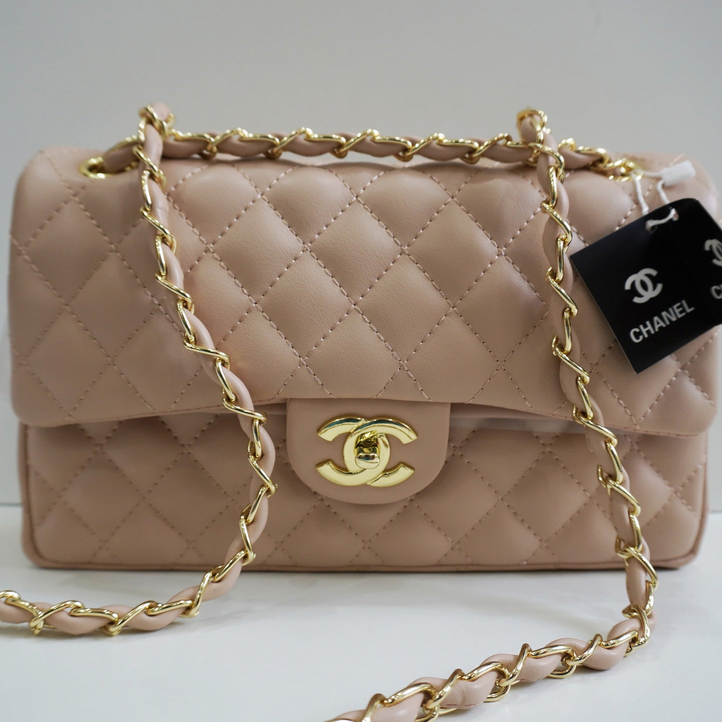 CHNL1 - Elegant Quilted Flap Bag – Beige with Gold-Tone Chain