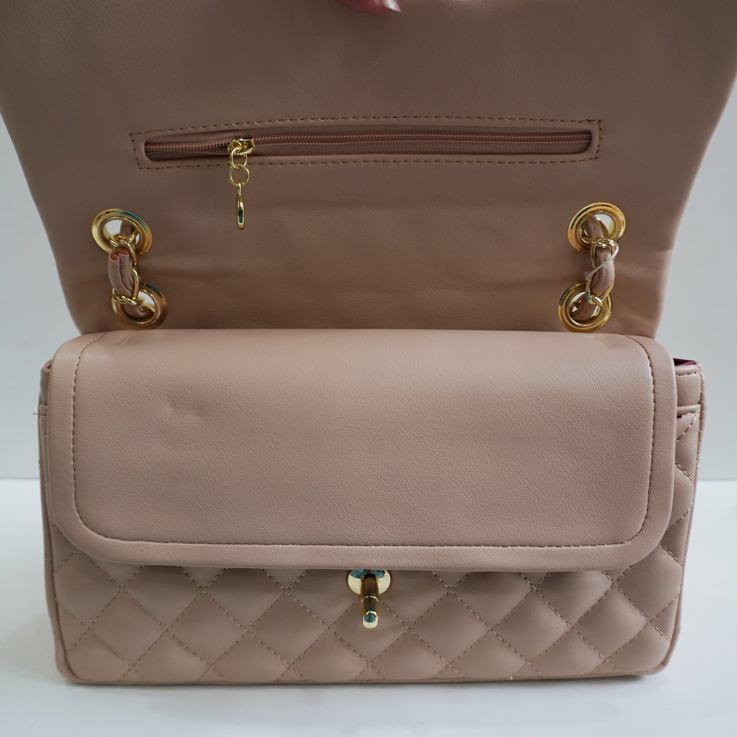CHNL1 - Elegant Quilted Flap Bag – Beige with Gold-Tone Chain