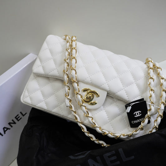 CHNL1 - Elegant Quilted Flap Bag – White with Gold-Tone Chain
