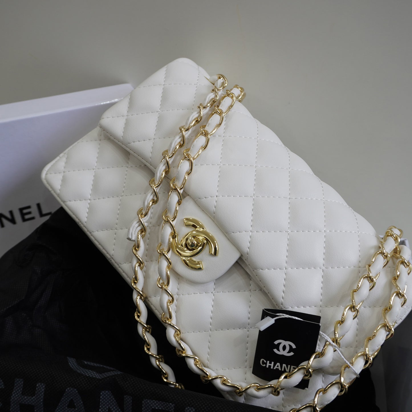 CHNL1 - Elegant Quilted Flap Bag – White with Gold-Tone Chain