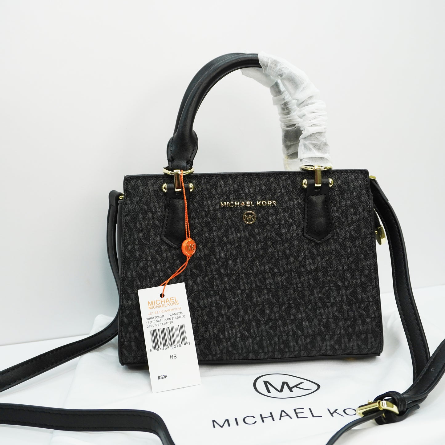 MK335 - Satchel Sling - Black Grey Monogram Print