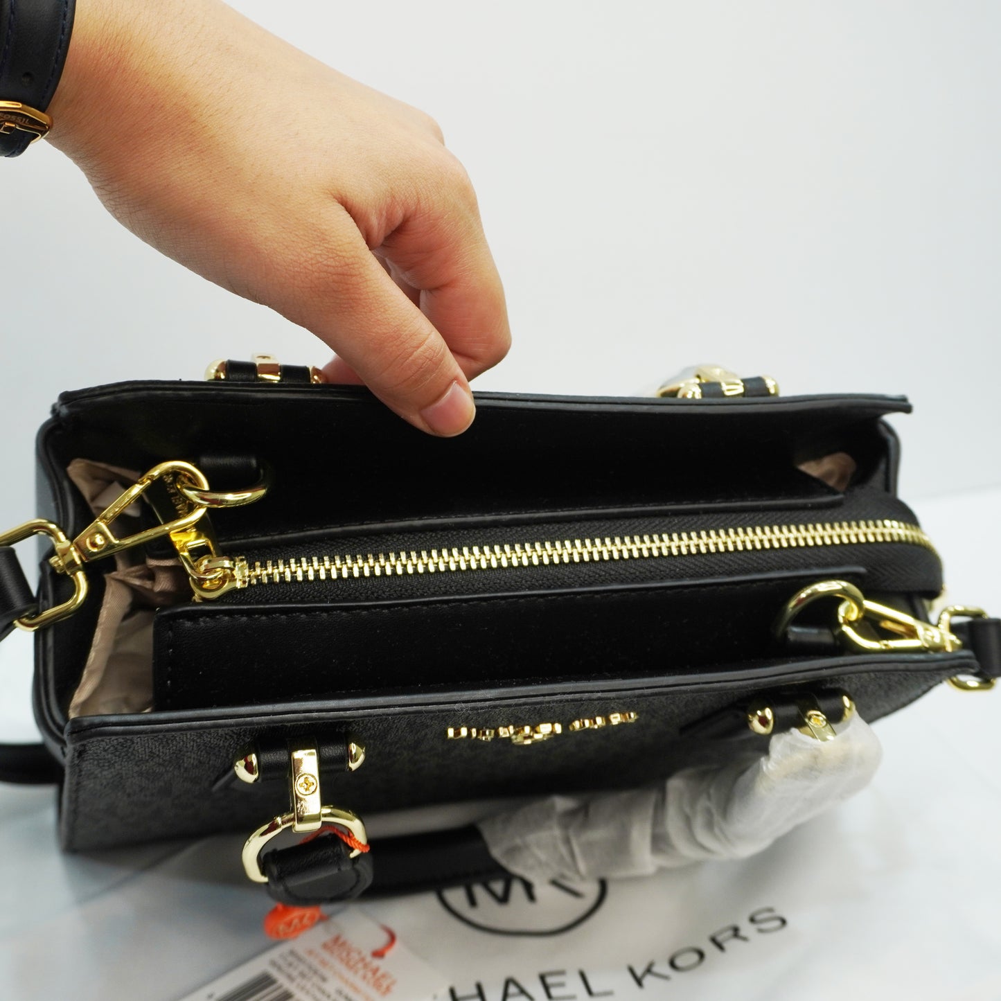 MK335 - Satchel Sling - Black Grey Monogram Print