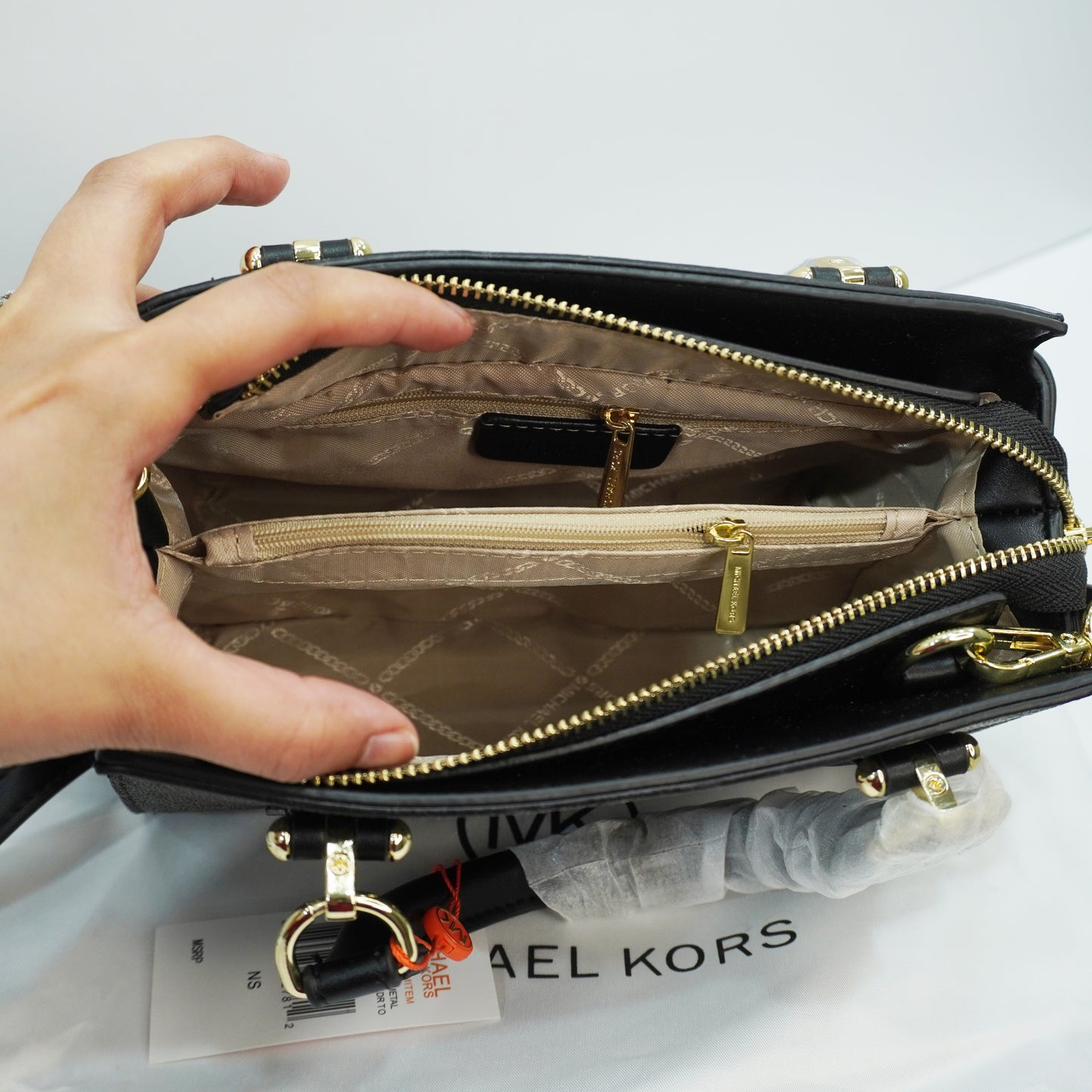 MK335 - Satchel Sling - Black Grey Monogram Print