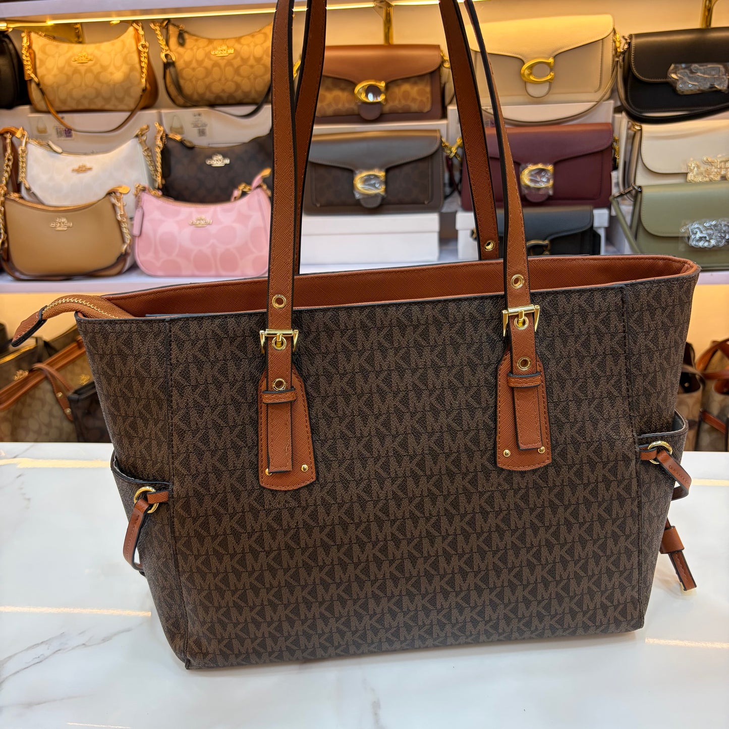 MK Voyager Large Tote Bag - Dark Brown & Tan