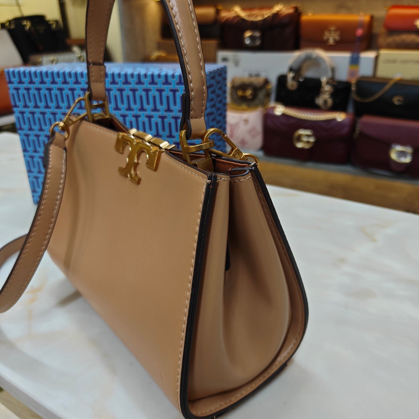 TB44 - Structured (Beige Colour) Top-Handle Bag with Gold Hardware (Medium Size)