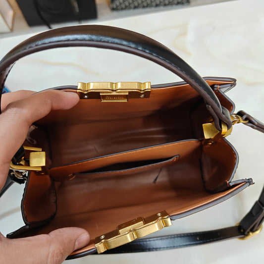 TB44 - Structured Black Mini Top-Handle Bag with Gold Hardware (Medium Size)