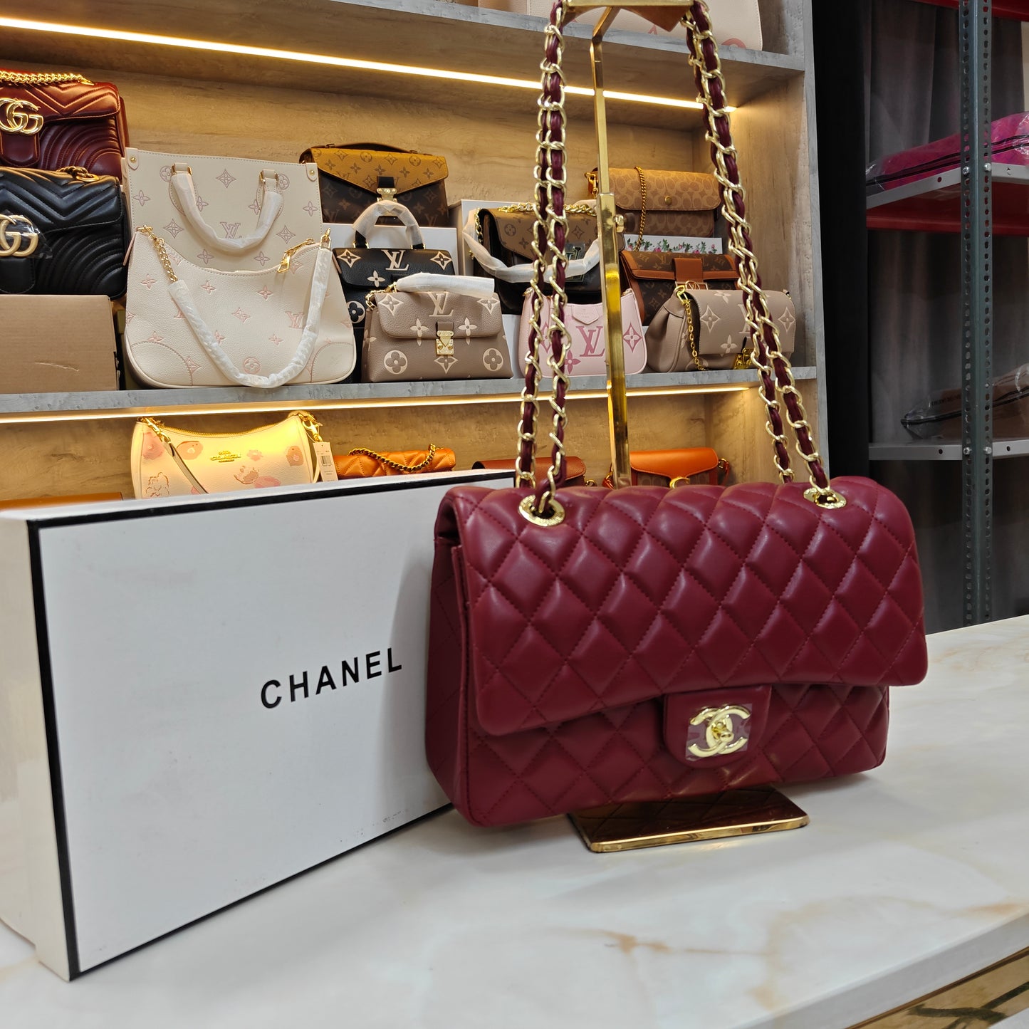 CHNL1 - Elegant Quilted Flap Bag – Wine with Gold-Tone Chain
