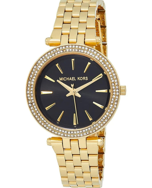 MK Watch For WomenWith Black dial , Featured with Crystals decorated
Stainless steel Metal belt with Gold color