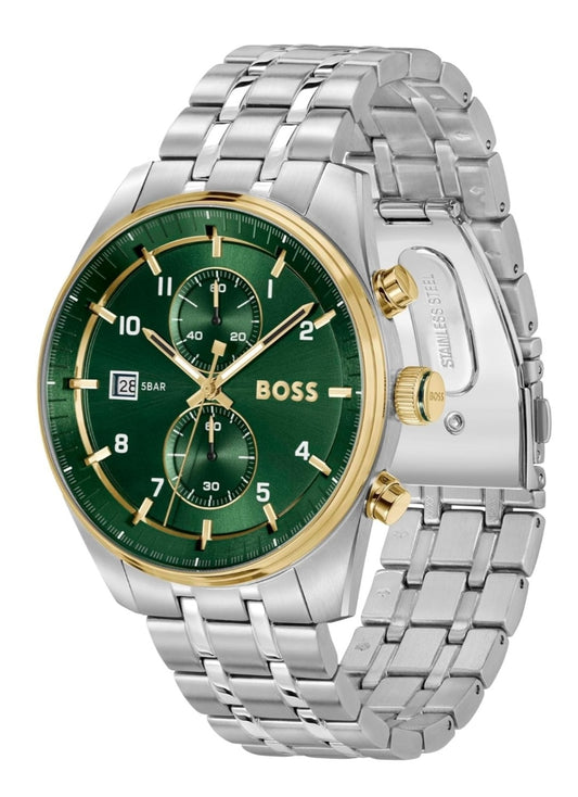 B.S Skytraveller Qtz Analog Fashion Chrono Green Round Dial Men's Watch|Stainless Steel Material|Silver Color Band