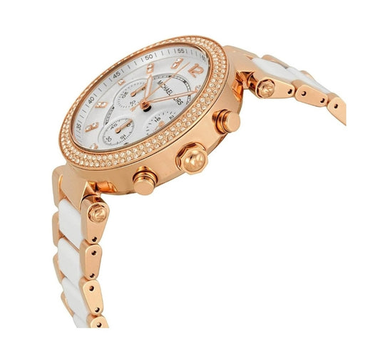 MK Parker White Dial Gold Tone SS Quartz Chrono Ladies Watch