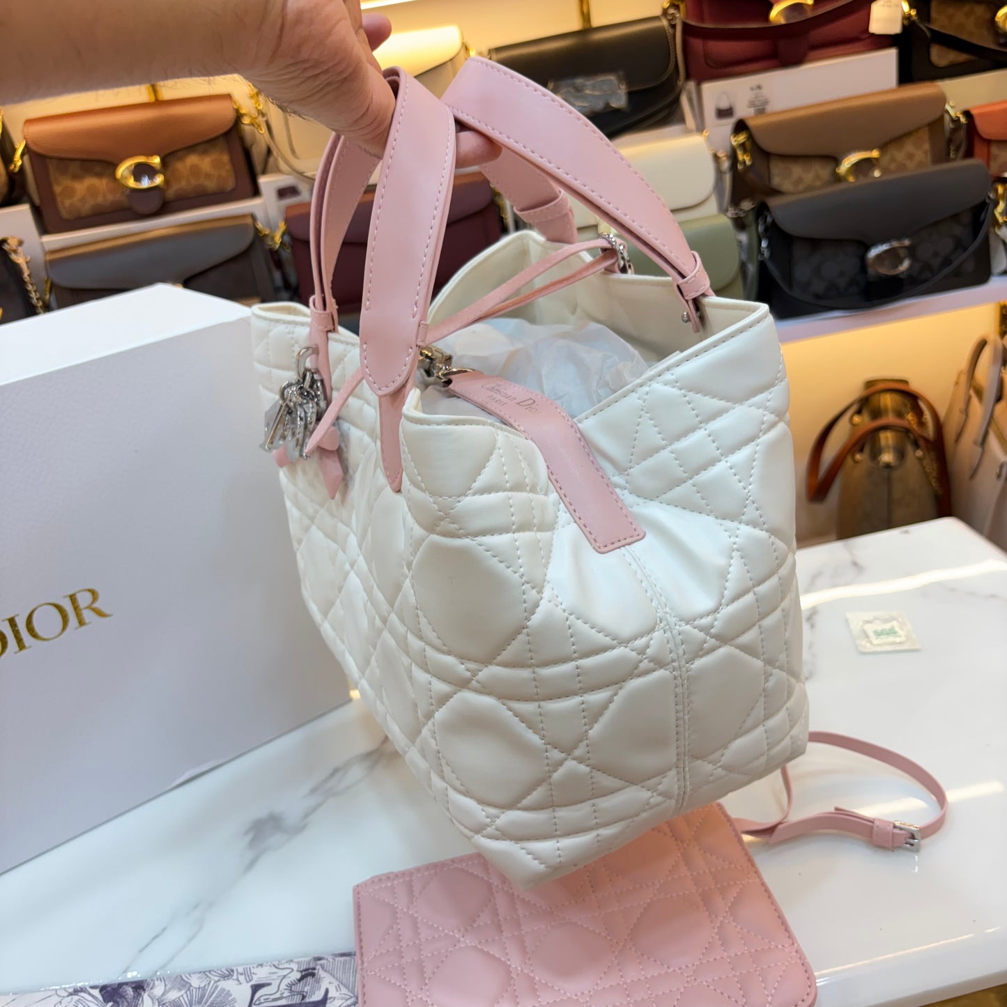 CD Toujours Vertical Tote Bag - White & Pink