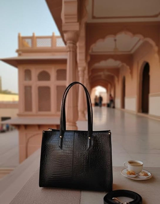 Bespoke Leather Women's Office Tote Bag – Original Pure Leather Croc Embossed Laptop Handbag with Zipper – Black