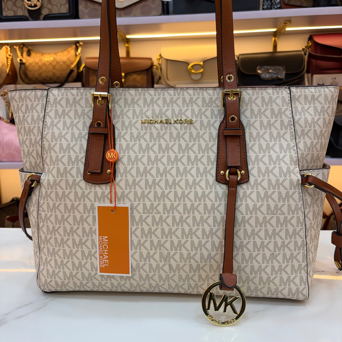 MK Voyager Large Tote Bag - White & Tan