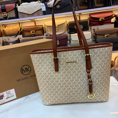 MK Quinn Full Size Top Zip Tote Bag - Tan White