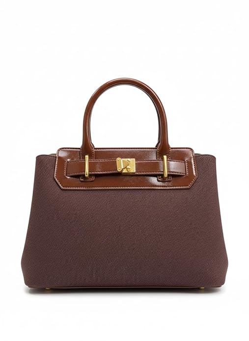 Ladies Canvas Handbag – Beige & Brown Structured Tote with Gold Hardware Lock Closure