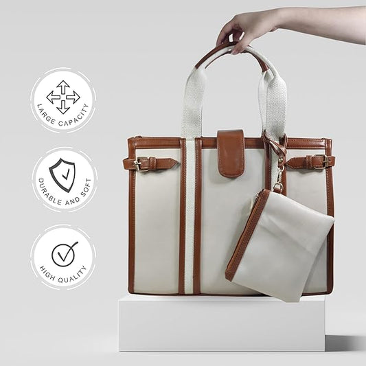 THE POWER TOTE Laptop Tote Bag for Women – 15 Inch Large Capacity Work & Travel Handbag (Beige)