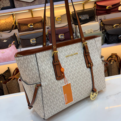 MK Voyager Large Tote Bag - White & Tan