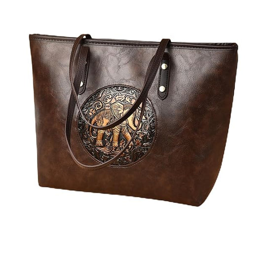 Women Tote Handbag with Elephant Embossed Design | Premium Leather Look Shoulder Bag | Spacious Zip Closure Work & Casual Bag | Includes Customized 3D Name Keychain & Heart Charm