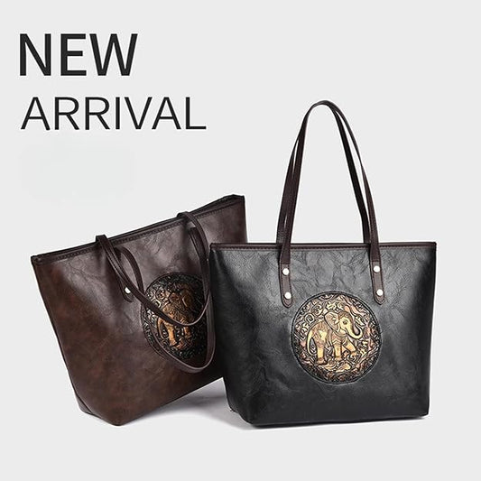 Women Tote Handbag with Elephant Embossed Design | Premium Leather Look Shoulder Bag | Spacious Zip Closure Work & Casual Bag | Includes Customized 3D Name Keychain & Heart Charm
