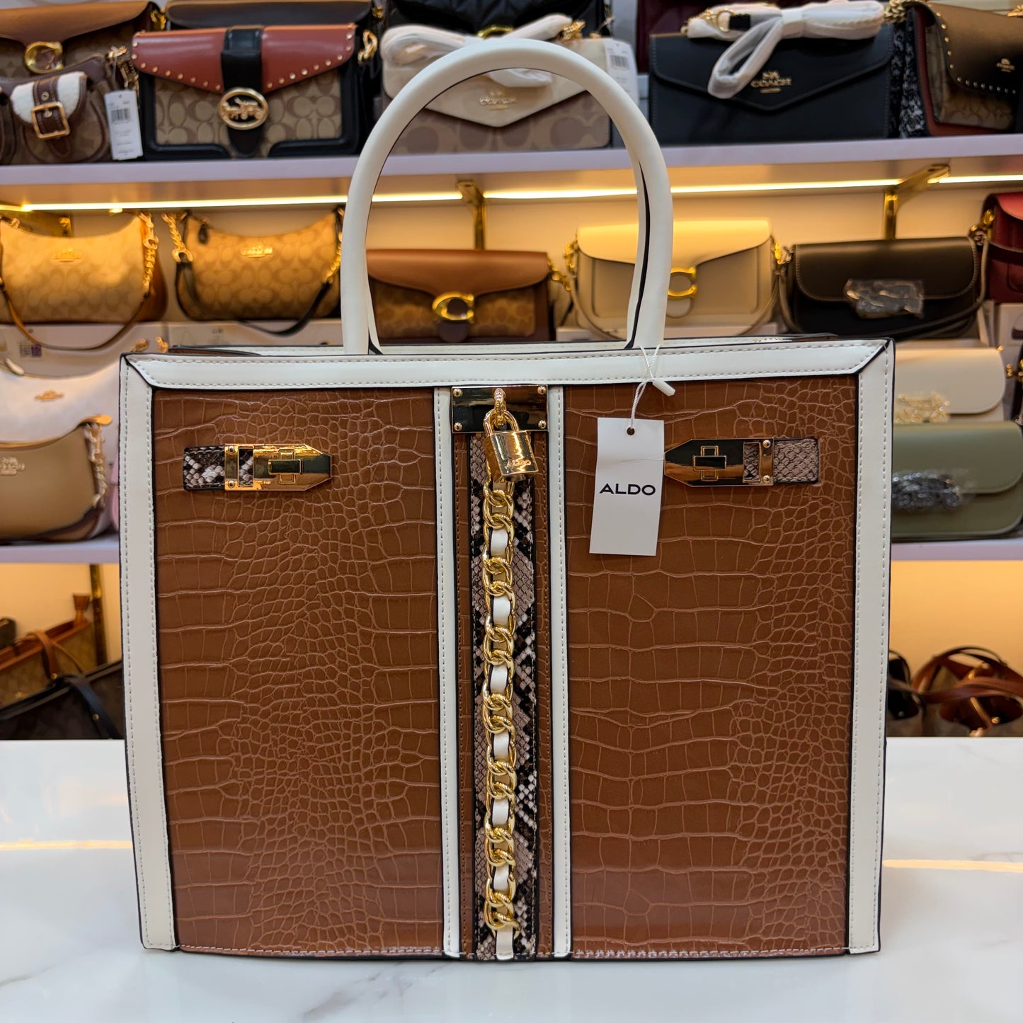 ALD Women Satchel Bag with Square Shape - Brown & White