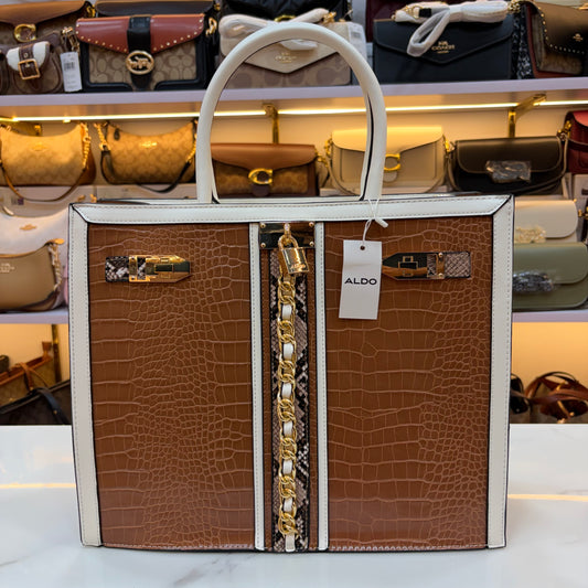 ALD Women Satchel Bag with Square Shape - Brown & White