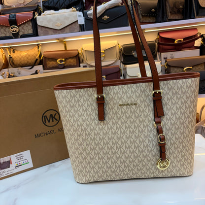 MK Quinn Full Size Top Zip Tote Bag - Tan White