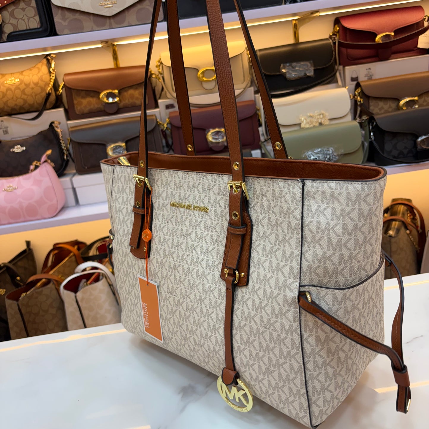MK Voyager Large Tote Bag - White & Tan