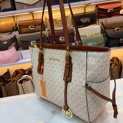 MK Voyager Large Tote Bag - White & Tan
