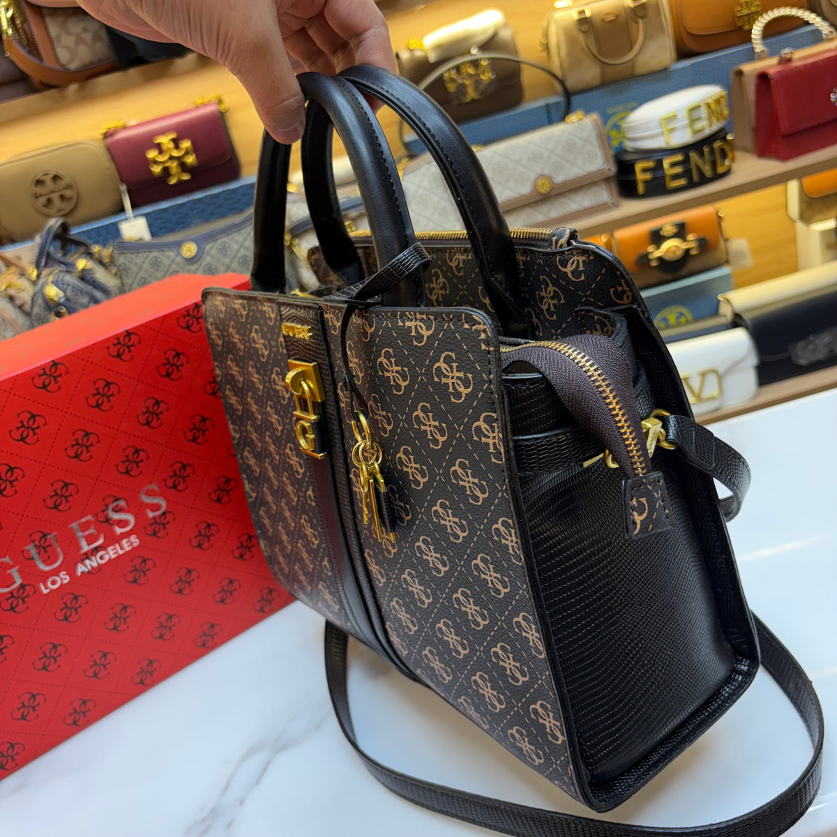 Guess Ginevra Elite Satchel - Dark Monogram Print