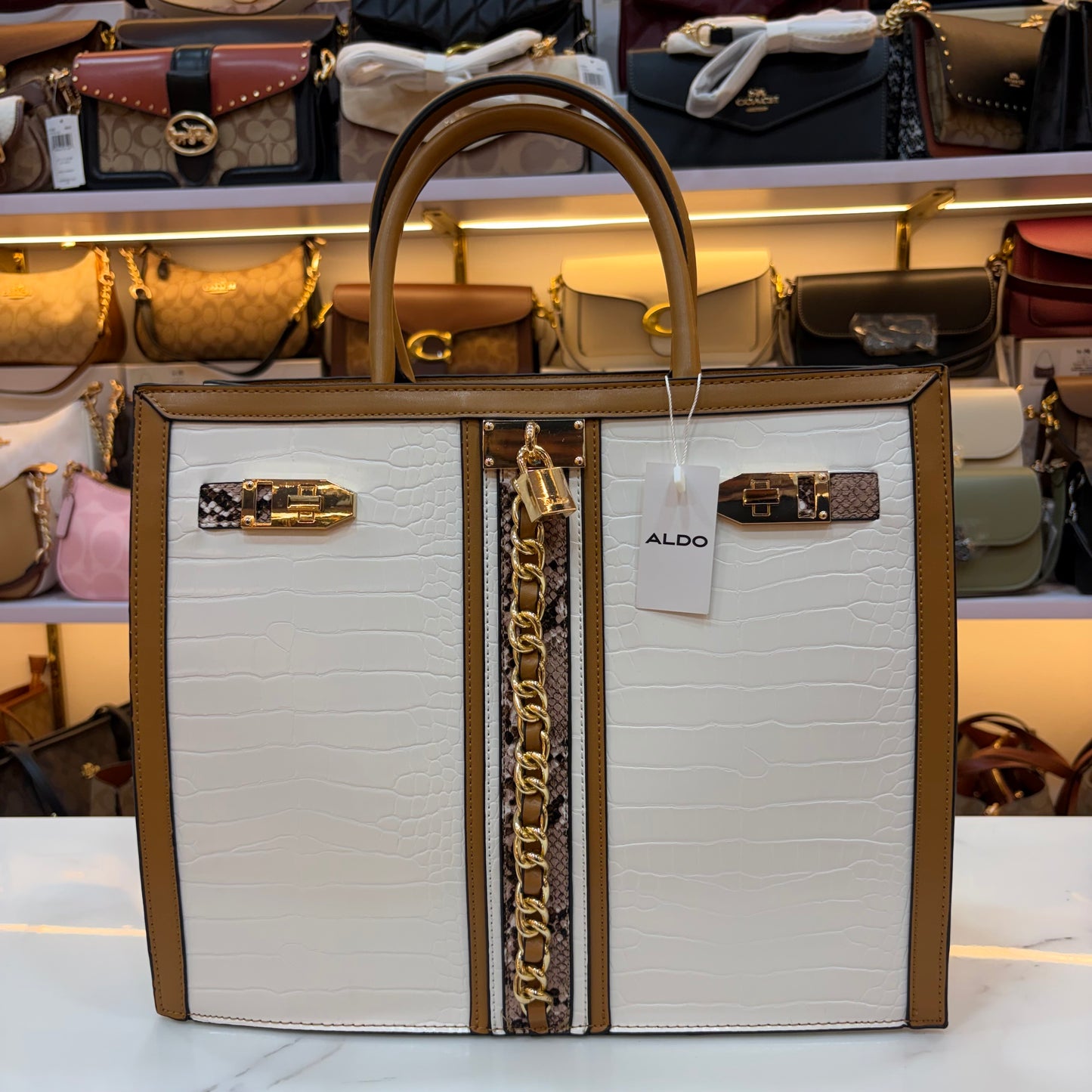 ALD Women Satchel Bag with Square Shape - White & Beige