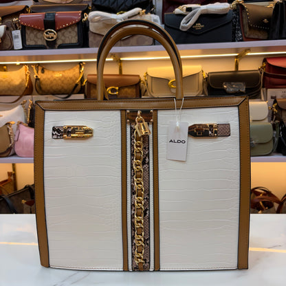ALD Women Satchel Bag with Square Shape - White & Beige