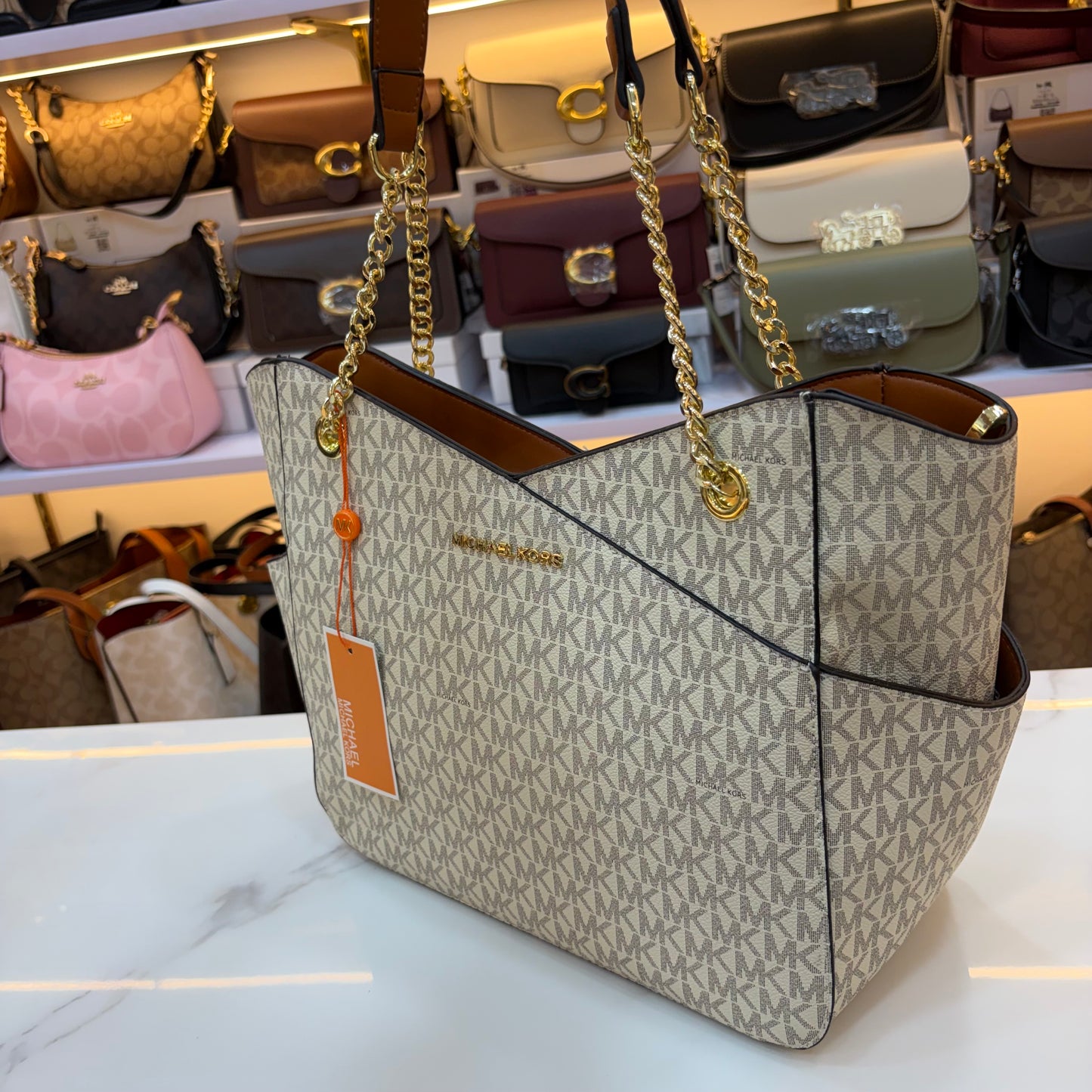 MK Jet Set Travel Tote Bag - Tan White