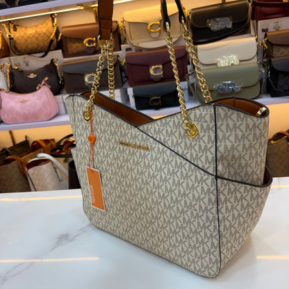 MK Jet Set Travel Tote Bag - Tan White