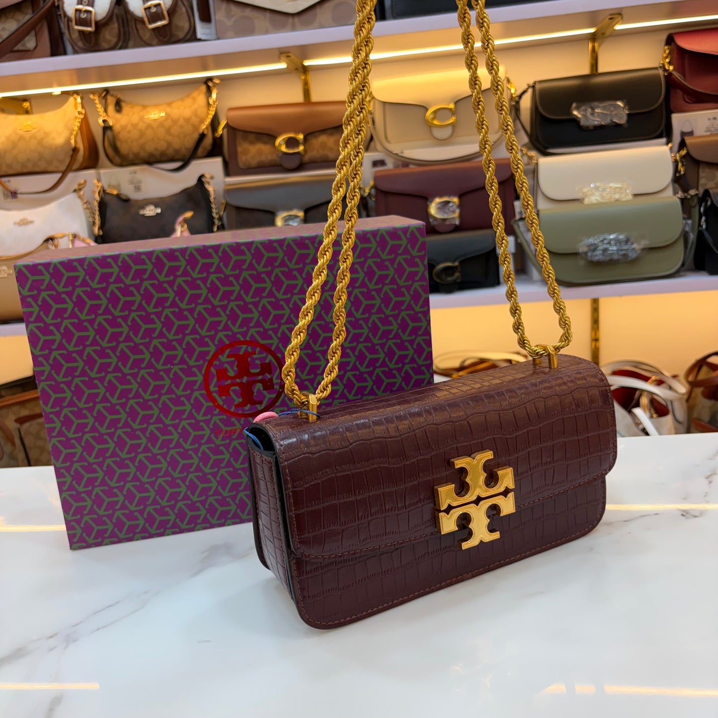 TB Eleanor Medium Croc Embossed Bag - Wine