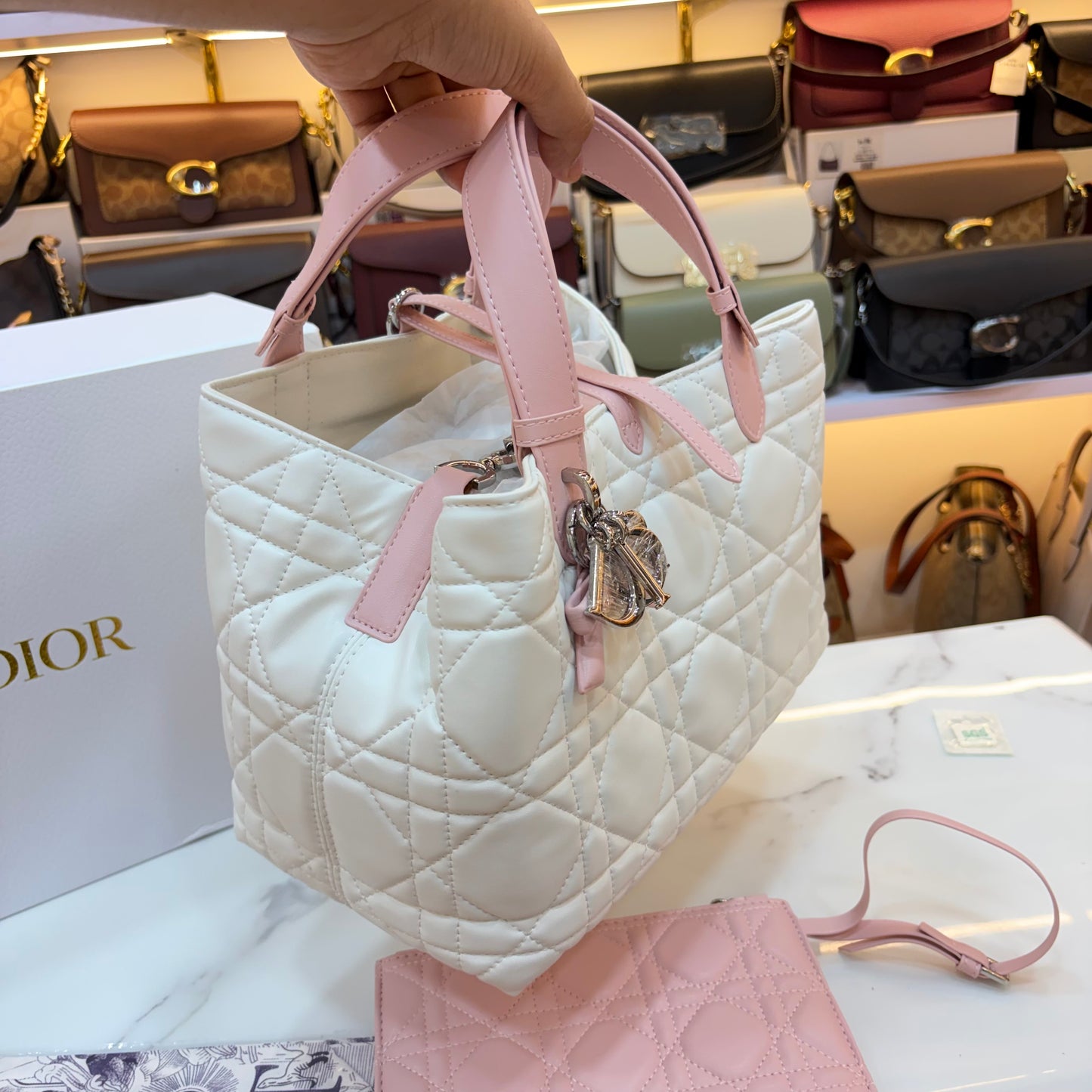 CD Toujours Vertical Tote Bag - White & Pink