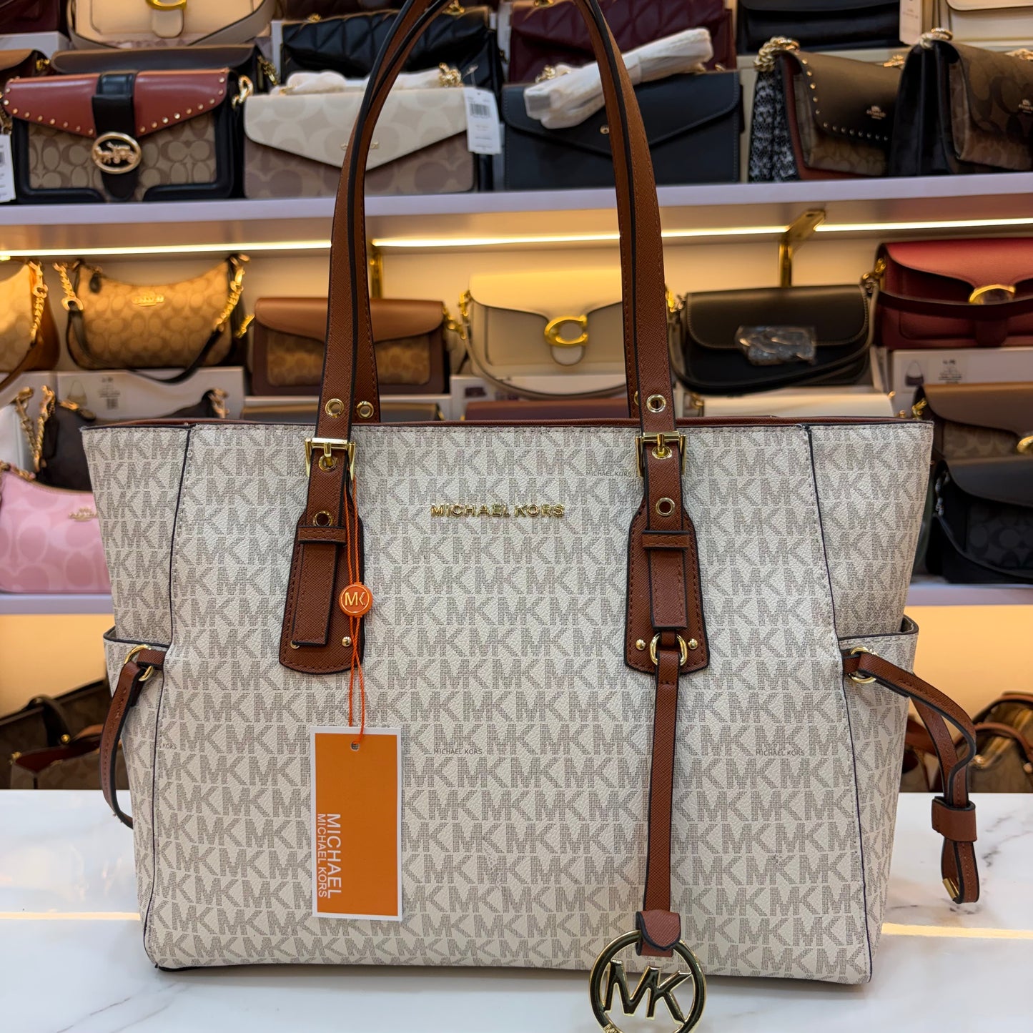 MK Voyager Large Tote Bag - White & Tan