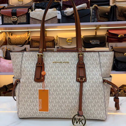 MK Voyager Large Tote Bag - White & Tan