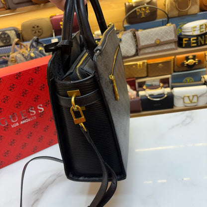 Guess Ginevra Elite Satchel - Black Monogram Print