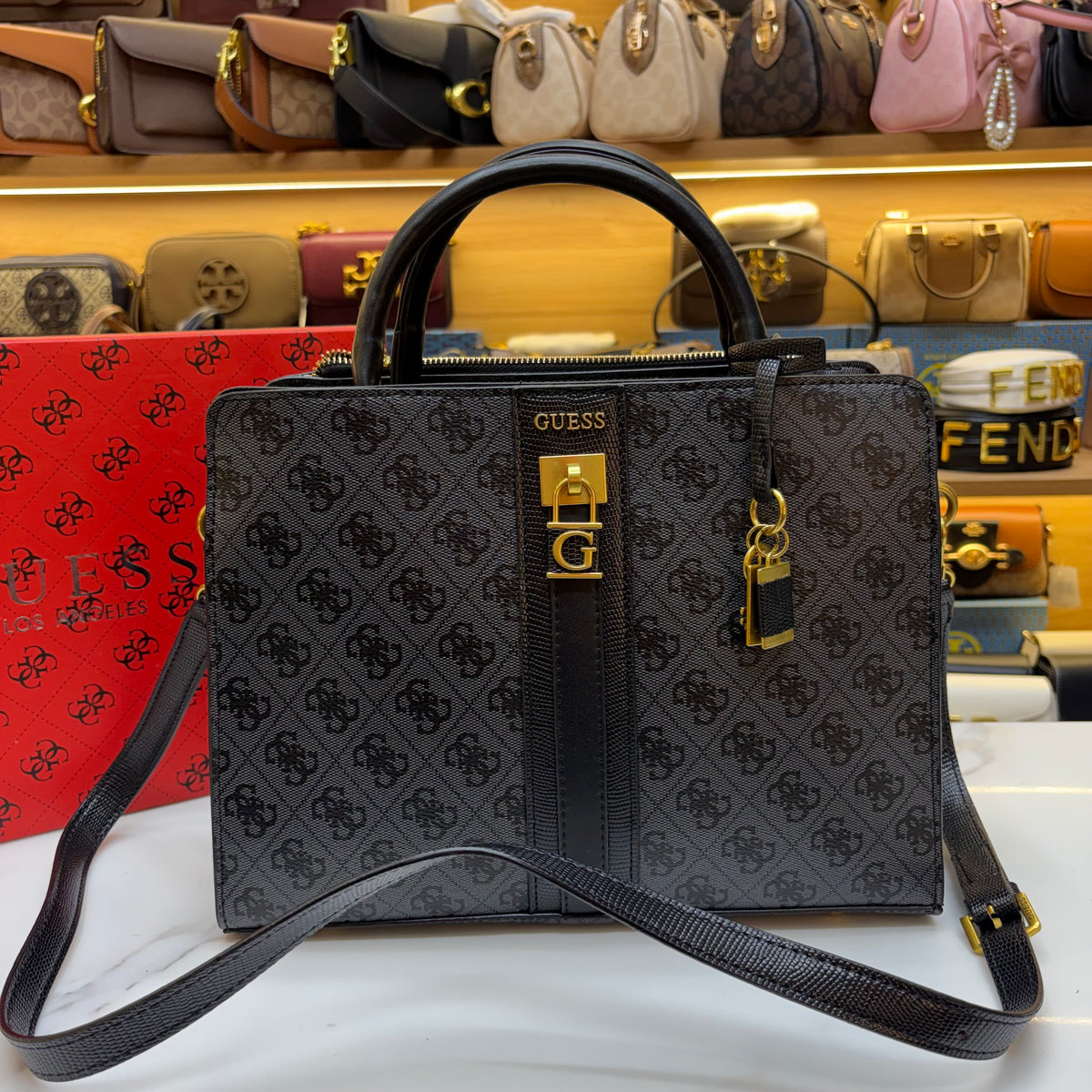 Guess Ginevra Elite Satchel - Black Monogram Print